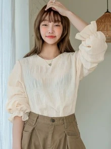 DAZY Keyhole Back Flounce Sleeve Blouse Without Bra - Beige - View 4