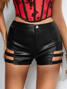 Rave High Waist Slant Pocket Butterfly Embroidery PU Leather Stretchy Bodycon Shorts - Black - View 5