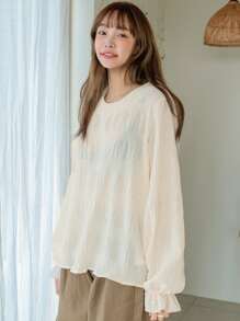 DAZY Keyhole Back Flounce Sleeve Blouse Without Bra - Beige - View 5