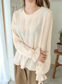 DAZY Keyhole Back Flounce Sleeve Blouse Without Bra - Beige - View 6