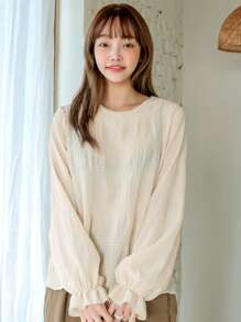 DAZY Keyhole Back Flounce Sleeve Blouse Without Bra - Beige - View 7