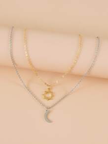 2pcs Couple Sun & Moon Charm Necklace - Multicolor - View 2