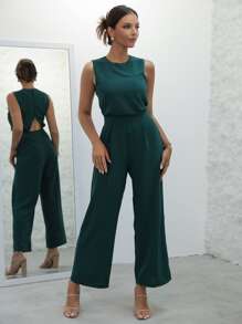 Joyfunear Cut Out Button Back Wide Leg Jumpsuit - Dark Green - View 4