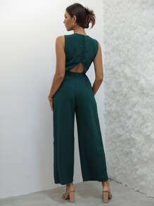 Joyfunear Cut Out Button Back Wide Leg Jumpsuit - Dark Green - View 1