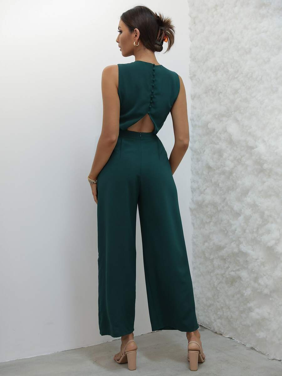 Joyfunear Cut Out Button Back Wide Leg Jumpsuit - Dark Green - View 1