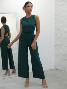 Joyfunear Cut Out Button Back Wide Leg Jumpsuit - Dark Green - View 3