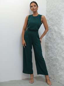 Joyfunear Cut Out Button Back Wide Leg Jumpsuit - Dark Green - View 5