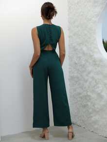 Joyfunear Cut Out Button Back Wide Leg Jumpsuit - Dark Green - View 2