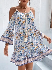 SHEIN VCAY Vestido con estampado floral de hombros descubiertos con fleco con nudo delantero bajo con fruncido - Multicolor - Ver 1
