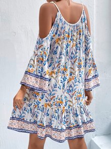 SHEIN VCAY Vestido con estampado floral de hombros descubiertos con fleco con nudo delantero bajo con fruncido - Multicolor - Ver 2