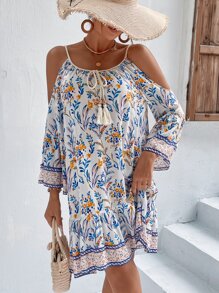 SHEIN VCAY Vestido con estampado floral de hombros descubiertos con fleco con nudo delantero bajo con fruncido - Multicolor - Ver 5