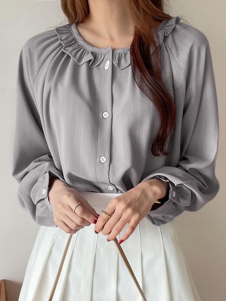 DAZY Blusa con mangas raglán y volantes, ropa de otoño - Gris - Ver 1