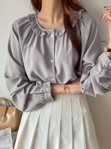 DAZY Blusa con mangas raglán y volantes, ropa de otoño - Gris - Ver 4