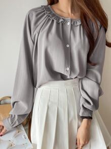 DAZY Blusa con mangas raglán y volantes, ropa de otoño - Gris - Ver 5