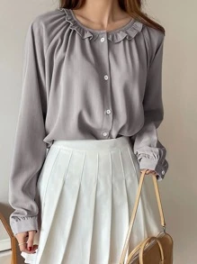 DAZY Blusa con mangas raglán y volantes, ropa de otoño - Gris - Ver 7