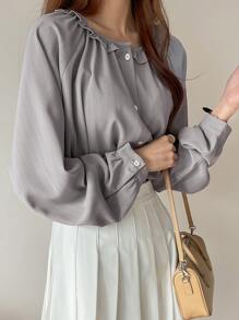 DAZY Blusa con mangas raglán y volantes, ropa de otoño - Gris - Ver 8