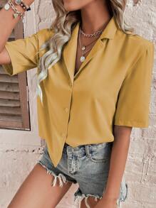 SHEIN Unity Lapel Collar Button Front Blouse - Yellow - View 3