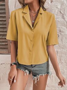 SHEIN Unity Lapel Collar Button Front Blouse - Yellow - View 5