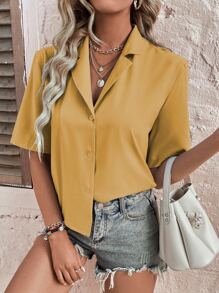 SHEIN Unity Lapel Collar Button Front Blouse - Yellow - View 6