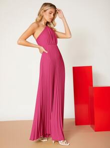 SHEIN Privé One Shoulder Solid Pleated Dress - Pink - View 1
