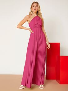 SHEIN Privé One Shoulder Solid Pleated Dress - Pink - View 4
