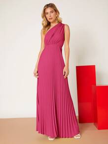 SHEIN Privé One Shoulder Solid Pleated Dress - Pink - View 5