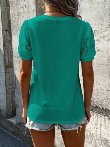 SHEIN LUNE 鏤空泡泡袖T恤 - 綠色 - 查看 2