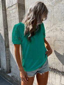 SHEIN LUNE 鏤空泡泡袖T恤 - 綠色 - 查看 3