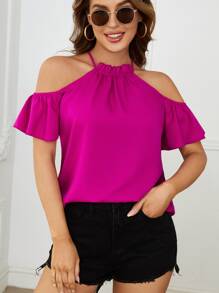 SHEIN Clasi 褶邊挖肩襯衫 - 中紫紅色 - 查看 2