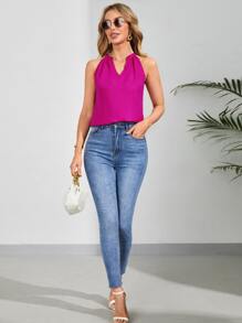 SHEIN Clasi 素色缺口領掛脖上衣 - 中紫紅色 - 查看 4