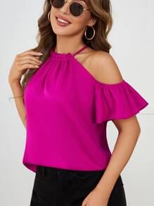 SHEIN Clasi 褶邊挖肩襯衫 - 中紫紅色 - 查看 4