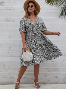 SHEIN Clasi Vestido con estampado floral bajo con fruncido - Blanco y Negro - Ver 4