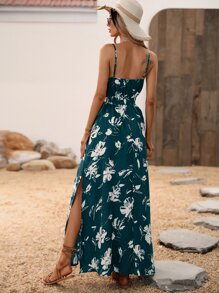 Breezaya Floral Print Split Thigh Belted Cami Dress - Dark Green - View 2