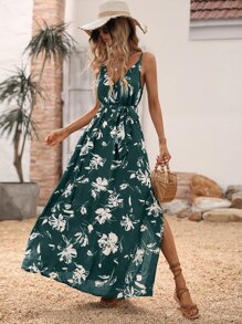 Breezaya Floral Print Split Thigh Belted Cami Dress - Dark Green - View 6