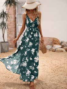 Breezaya Floral Print Split Thigh Belted Cami Dress - Dark Green - View 7