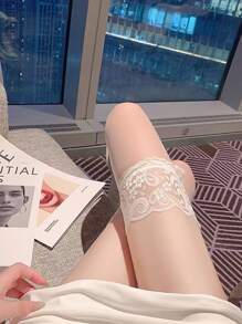 Elegant Solid Color Lace Patchwork Thigh High Socks - White - View 3