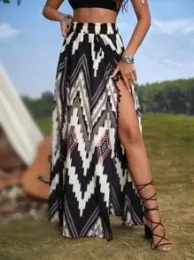 SHEIN VCAY Chevron Print Tassel Trim Wrap Hem Paper Bag Waist Skirt - Multicolor - View 1