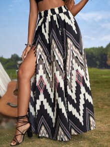 SHEIN VCAY Chevron Print Tassel Trim Wrap Hem Paper Bag Waist Skirt - Multicolor - View 3