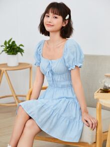 Soleia Tie Front Ruched Bust Tiered Dress - Baby Blue - View 1