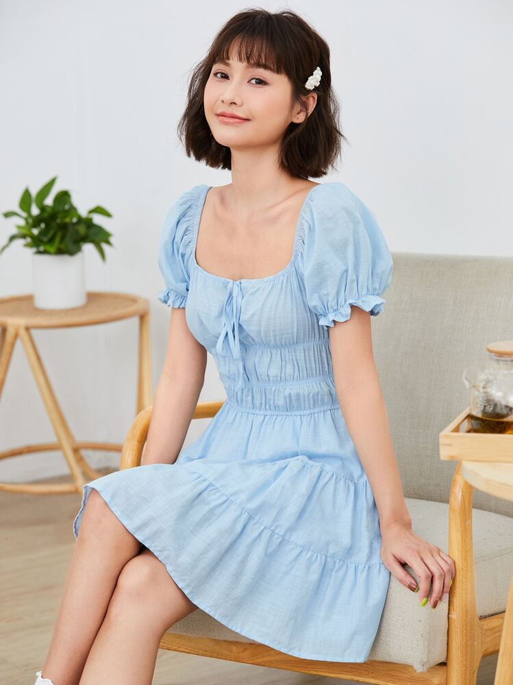SHEIN WYWH Đầm viền lá sen màu trơn Phấn màu Boho - Màu xanh nhạt - Xem 1