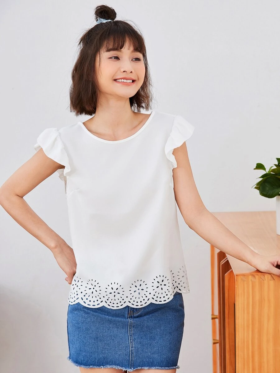 SHEIN Clasi 荷葉邊鐳射剪裁上衣 - 白色 - 查看 1