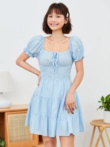 Soleia Tie Front Ruched Bust Tiered Dress - Baby Blue - View 3