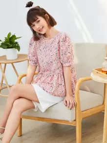 SHEIN VCAY 小碎花荷葉邊下擺上衣 - 彩色 - 查看 1