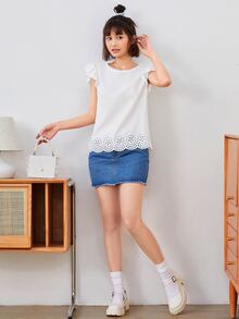 SHEIN Clasi 荷葉邊鐳射剪裁上衣 - 白色 - 查看 3