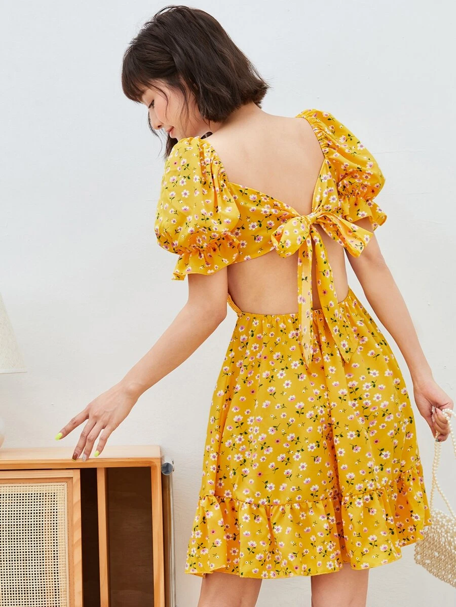 Soleia Ditsy Floral Print Shirred Dress,Summer Dresses For Women - Yellow - View 1
