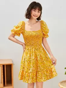 Soleia Ditsy Floral Print Shirred Dress,Summer Dresses For Women - Yellow - View 2