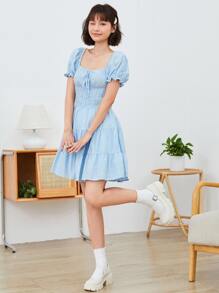 Soleia Tie Front Ruched Bust Tiered Dress - Baby Blue - View 5