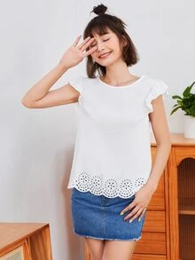 SHEIN Clasi 荷葉邊鐳射剪裁上衣 - 白色 - 查看 5