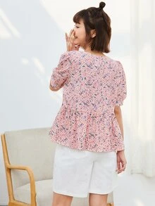 SHEIN VCAY 小碎花荷葉邊下擺上衣 - 彩色 - 查看 2