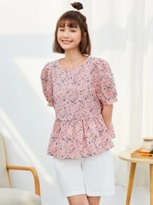 SHEIN VCAY 小碎花荷葉邊下擺上衣 - 彩色 - 查看 3